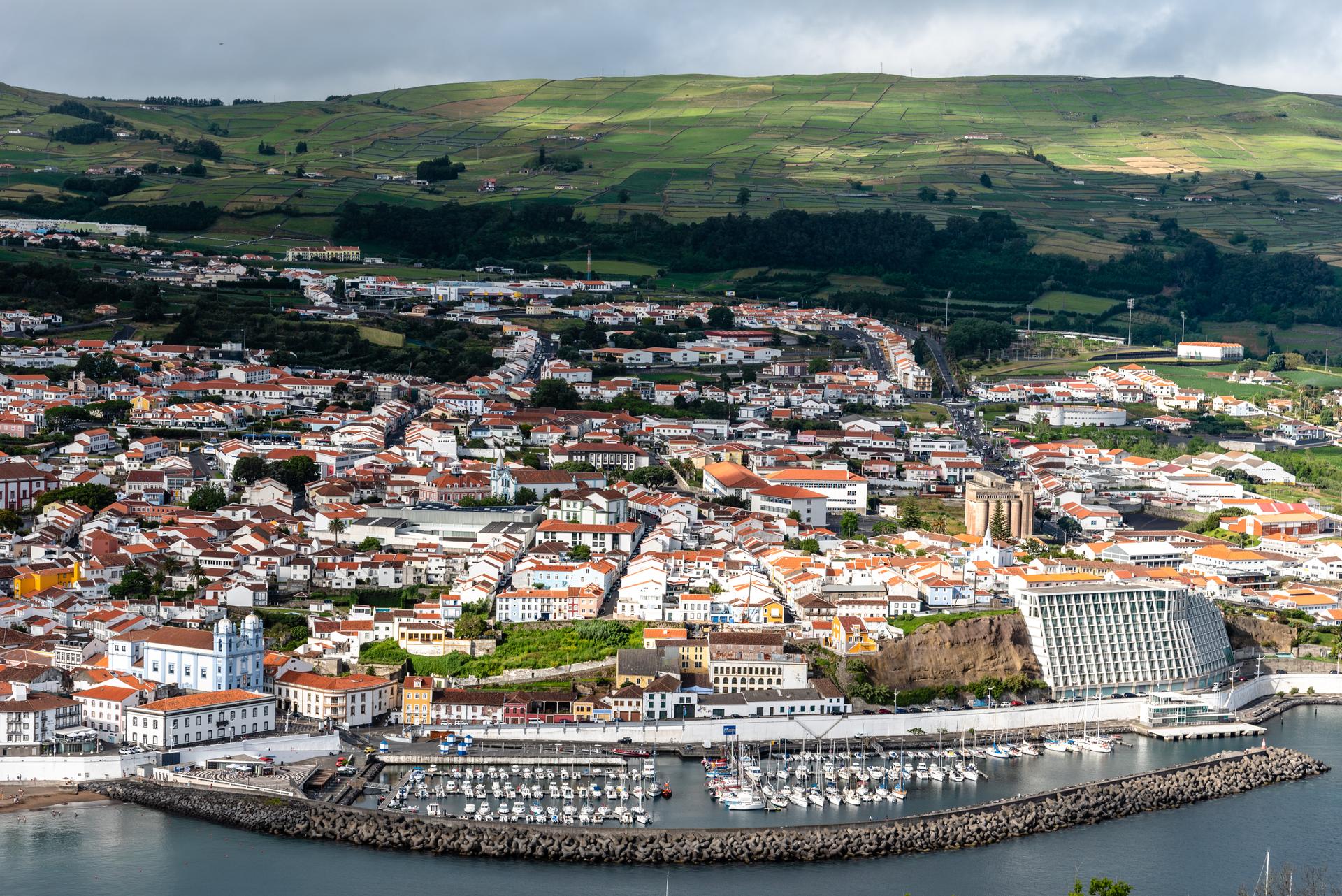 Panoramic Aerial View of the old Town and the port of Angra do Heroismo